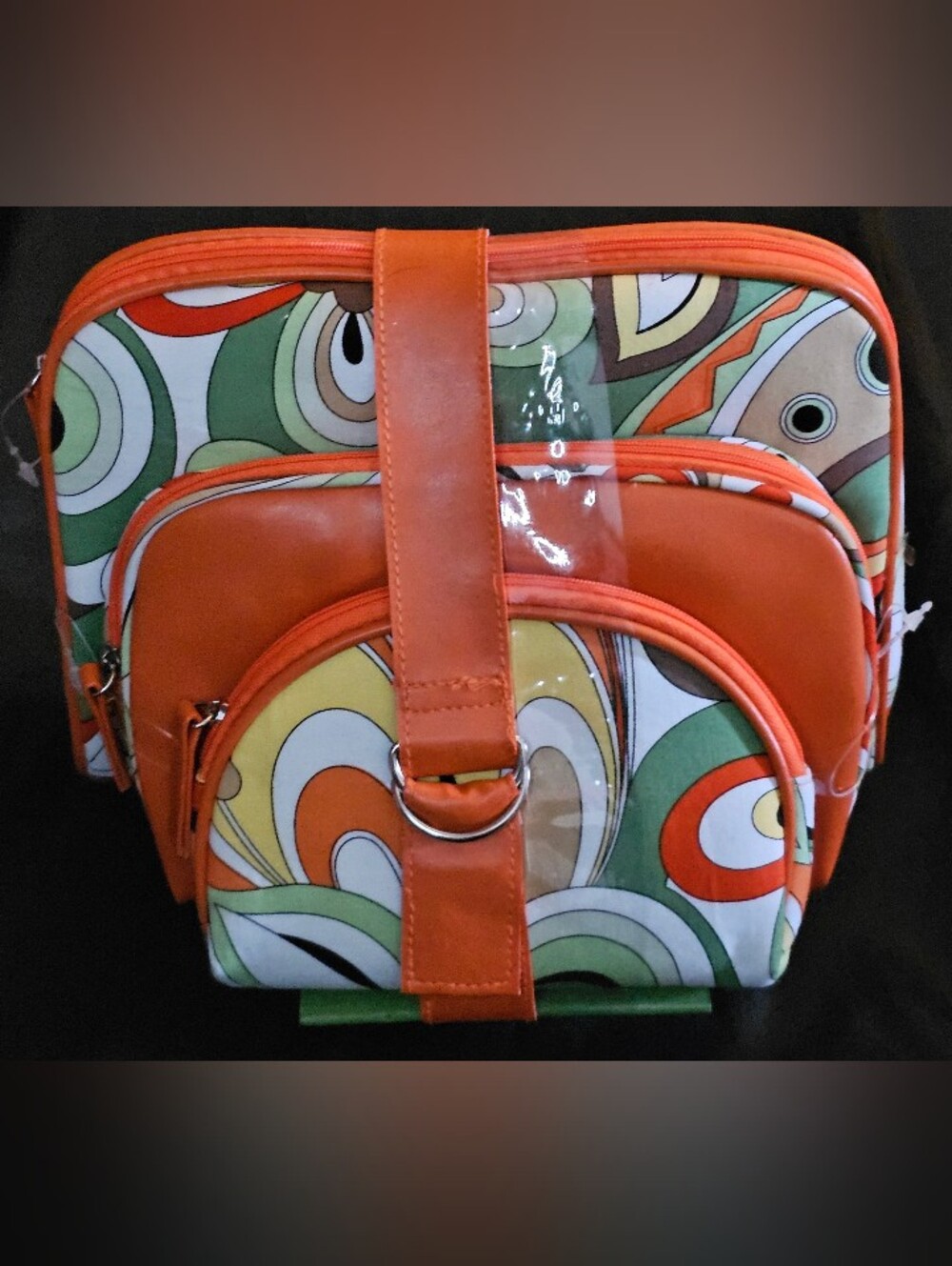 Retro Mid Century Mod 3 Piece Makeup Bag Set Nesting Travel Case Orange Swirl